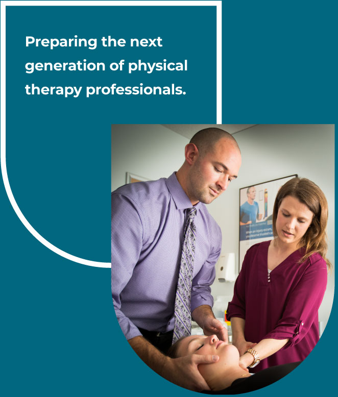 Two physical therapy professionals, a man and a woman, performing a neck examination on a female patient, with the text "Preparing the next generation of physical therapy professionals" visible.