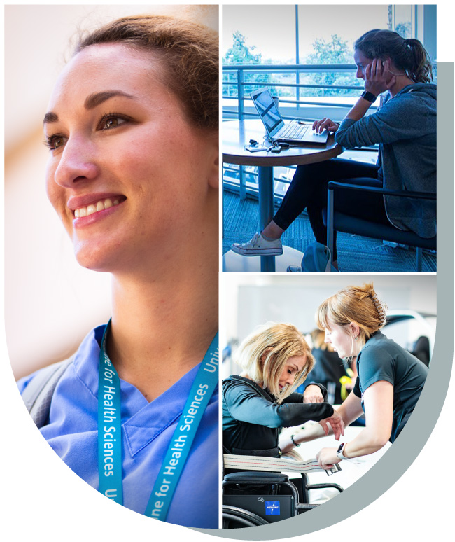 A smiling young woman with long dark hair and a black backpack, wearing a teal polo shirt with a university logo.