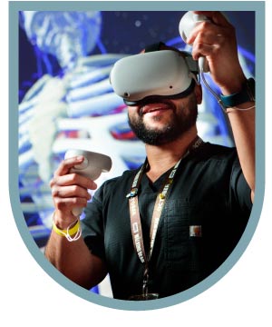 Man in VR headset engaging with a glowing virtual skeleton in a simulated environment.