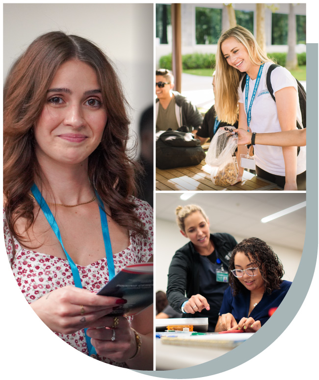 A woman with dark, wavy hair and glasses smiles broadly, wearing a grey uniform shirt.