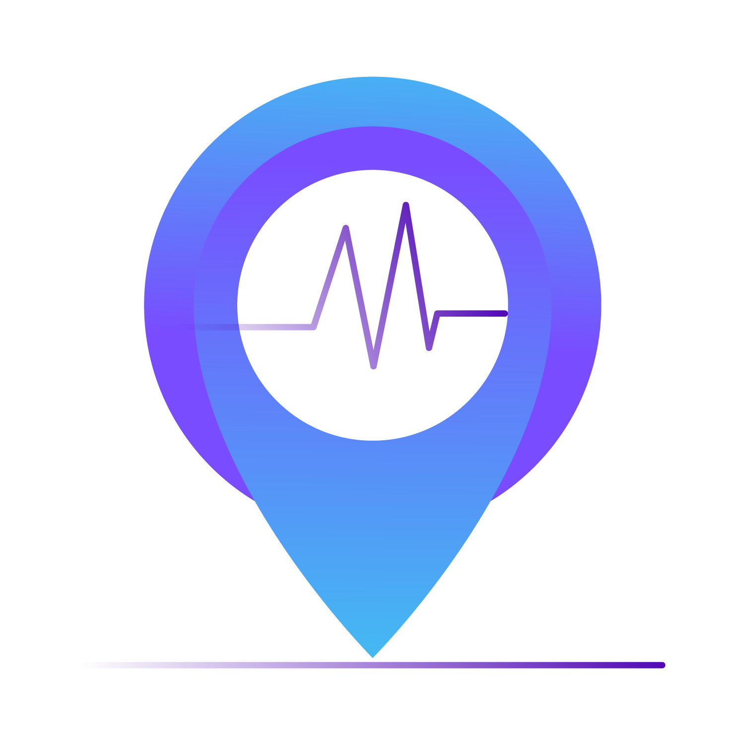 Blue and purple location pin with a purple heartbeat line, symbolizing real-time health or patient tracking.