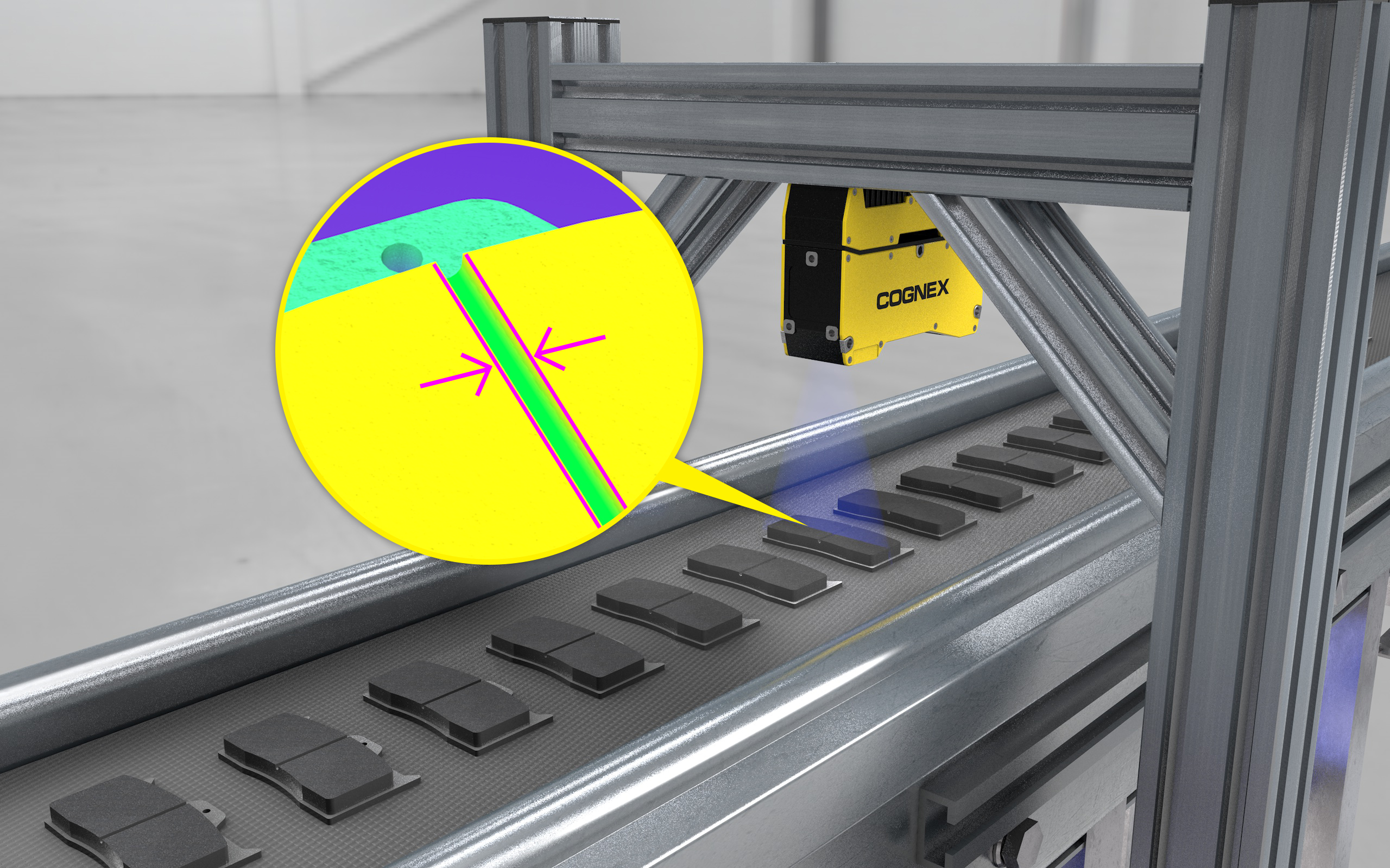 A 3D Cognex machine vision system measures the slotting on automotive brake pads.