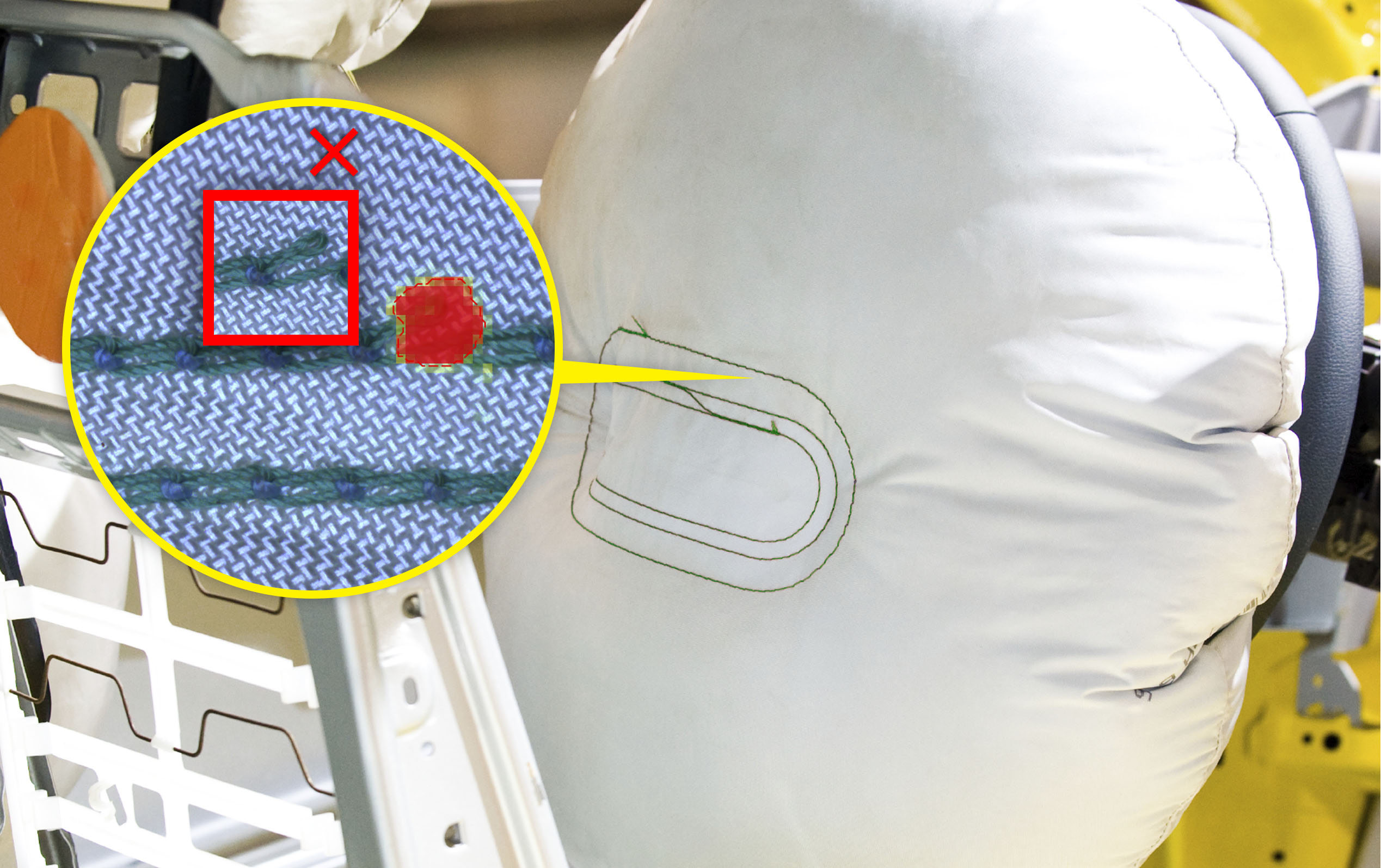 A Cognex machine vision system detects airbag fabric stitching issues.