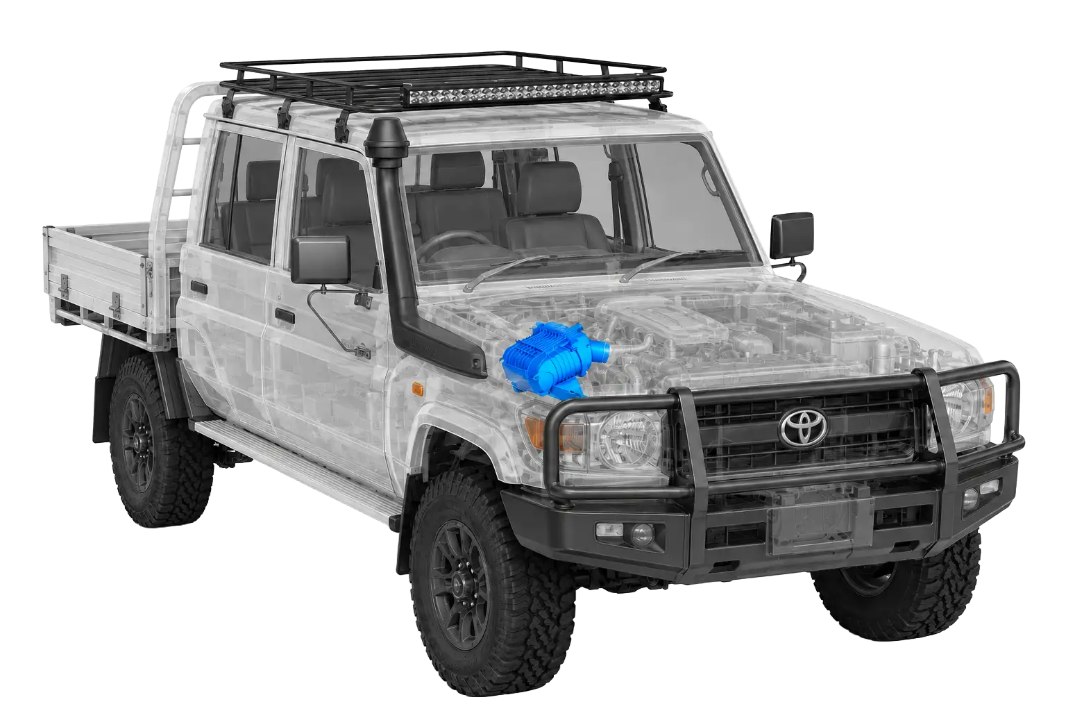 70 Series LandCruiser with a PowerCore 4x4 air cleaner housing installed