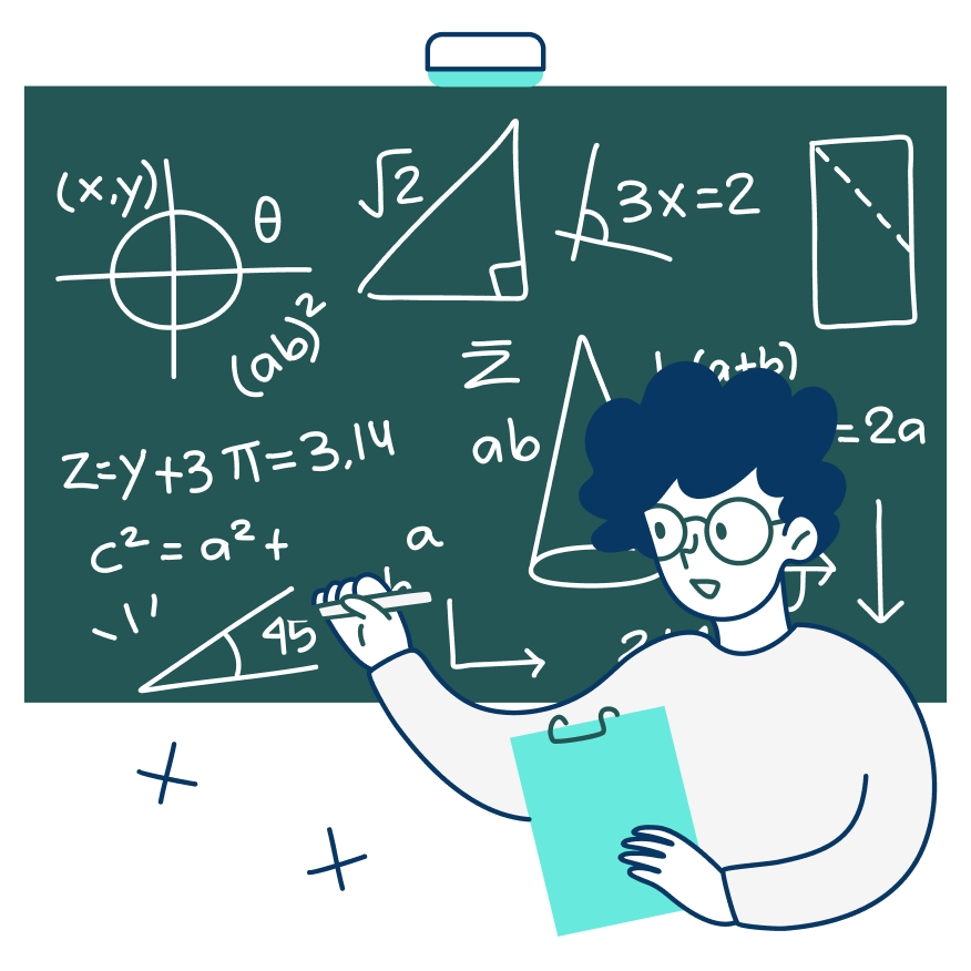 Cartoon drawing of a person with blue hair wearing glasses and a teal clipboard, standing at a green chalkboard, solving math equations.