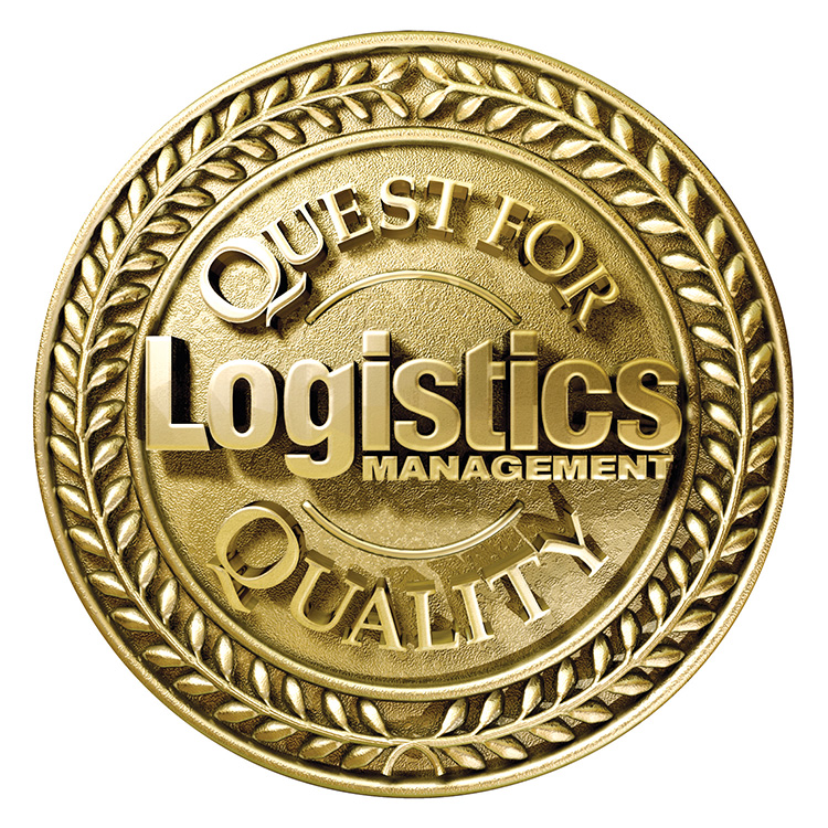 A gold coin or medal with the words "QUEST FOR LOGISTICS MANAGEMENT QUALITY" embossed on it, surrounded by a laurel wreath.