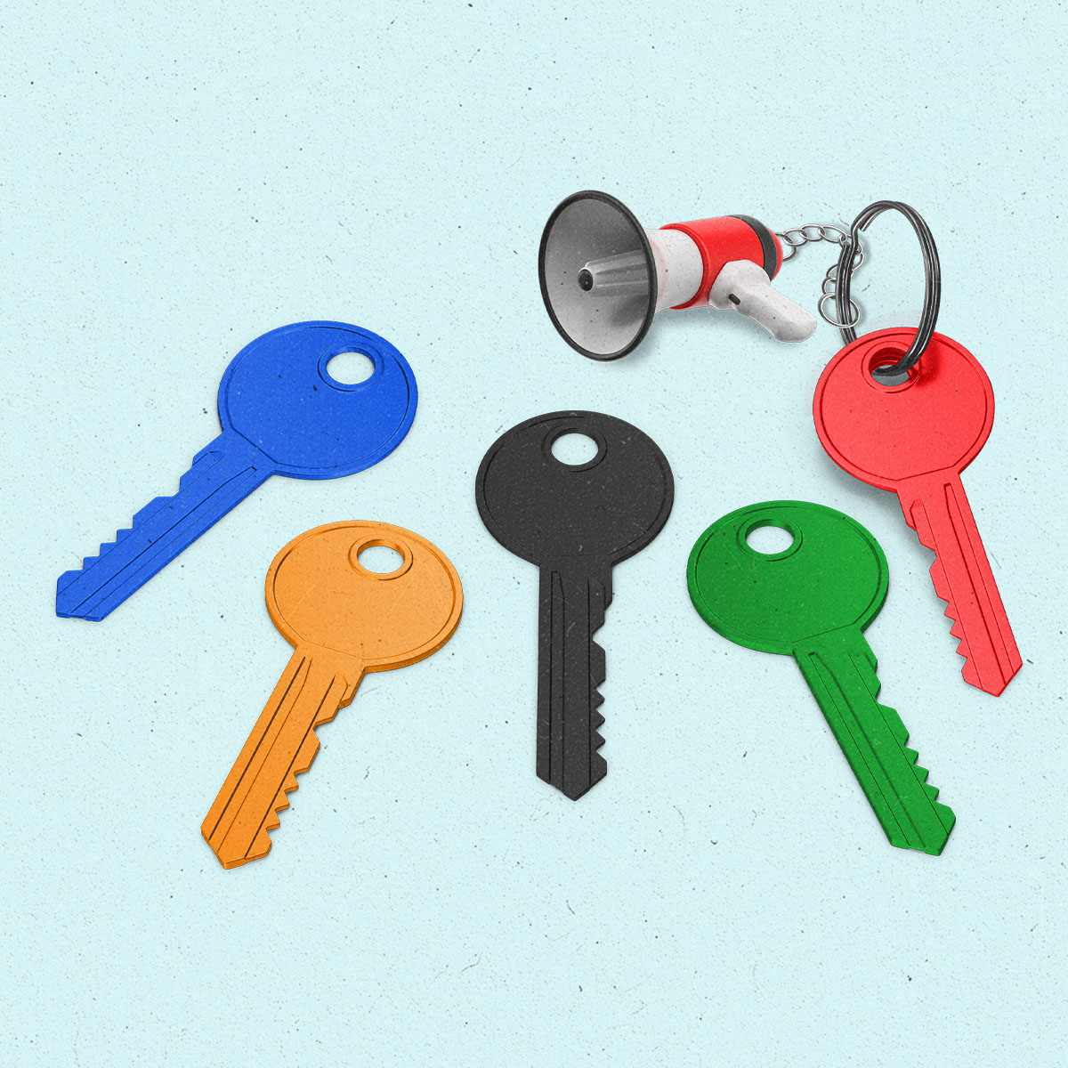 keys lined up in blue, yellow, black, green, and red with one having a megaphone keychain
