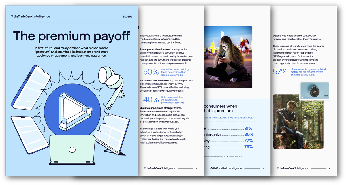 "The Premium Payoff" report cover with a diamond play button surrounded by a laptop, smartphones, and earbuds.