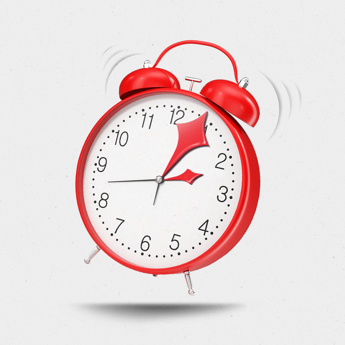 Alarm clock with AI-sparkle hands going off and ringing