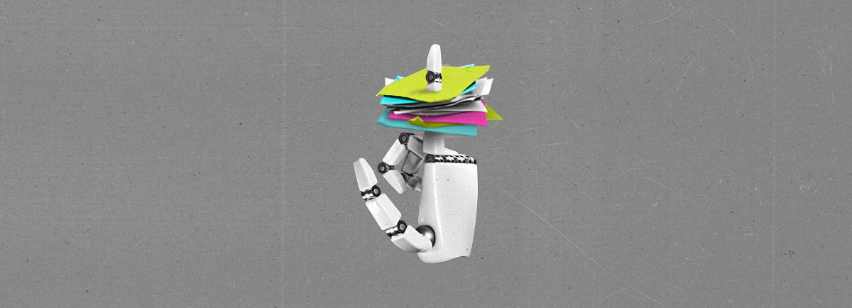 A robot hand holding up a finger with post-it notes stacked on the finger.