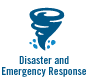 Icon depicting a tornado with debris, accompanied by the text "Disaster and Emergency Response."