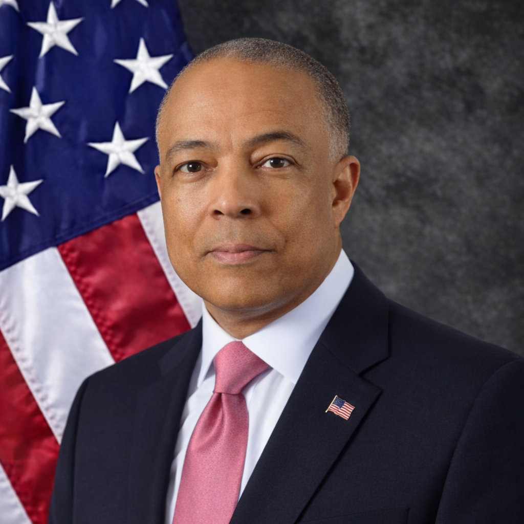 Headshot of a man wearing a suit, pink tie, and an American flag lapel pin, with the US flag behind him.