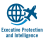 A blue logo depicting a stylized globe with an airplane flying above it, accompanied by the words 'Executive Protection and Intelligence'.