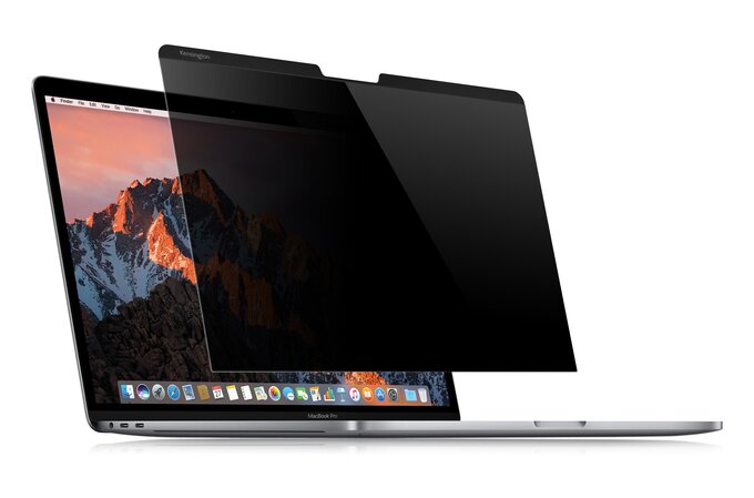 Laptop with a privacy filter, protecting sensitive information from onlookers.