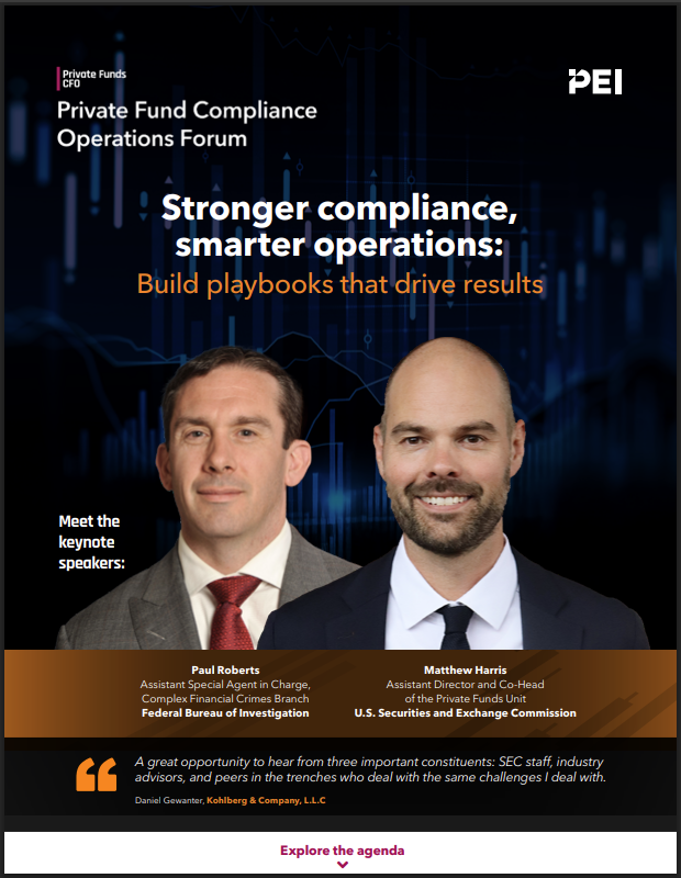 Promotional image for the Private Fund Compliance Operations Forum, detailing topics like compliance, operations, roundtables, technology demos, and data presentations.