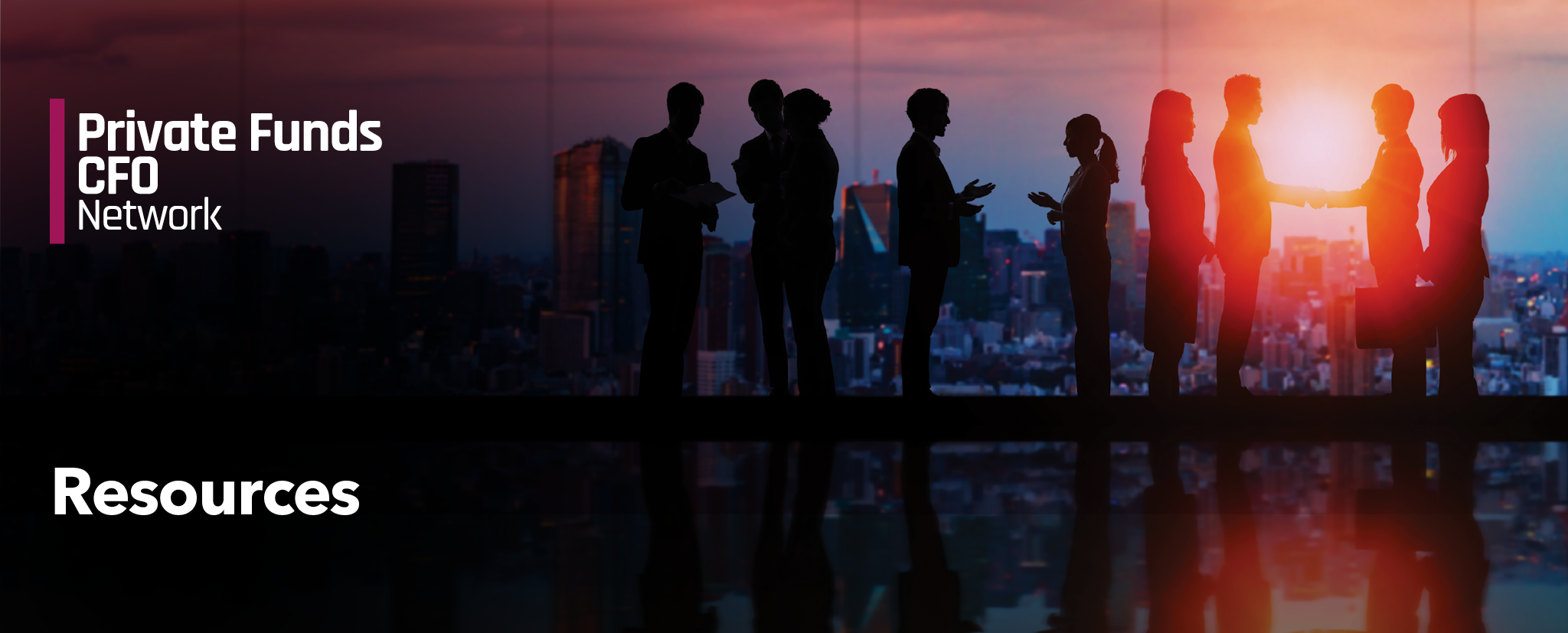 Silhouettes of business professionals networking and shaking hands against a city skyline at sunset.