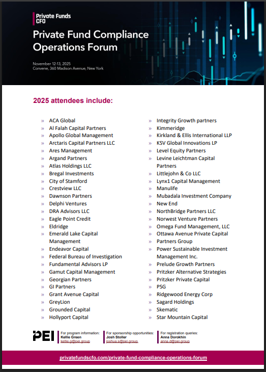 Advertisement for the Private Fund Compliance Operations Forum, detailing the event date, location, and a list of attending organizations.