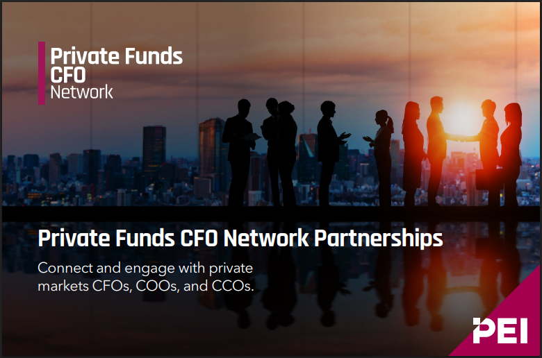 Silhouettes of business professionals networking in a modern office overlooking a city skyline at sunset, with text "Private Funds CFO Network Partnerships."