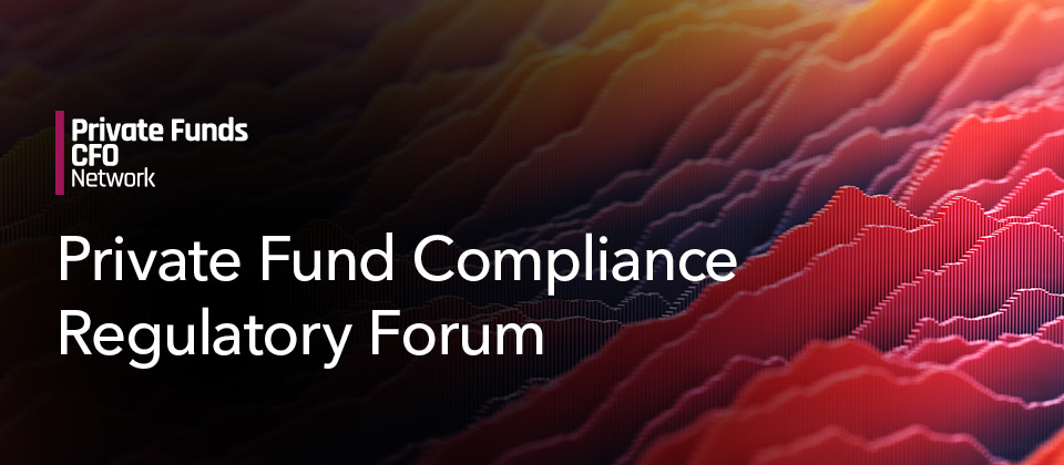 "Private Funds CFO Network New York Forum" title with abstract purple and blue background."