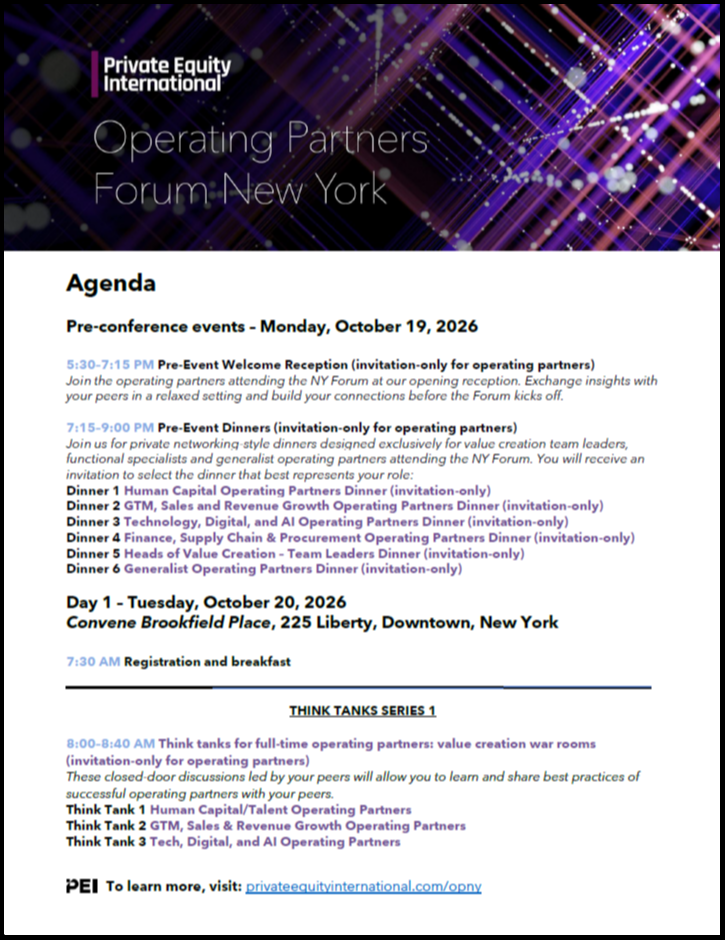 Agenda for the Private Equity International Operating Partners Forum New York