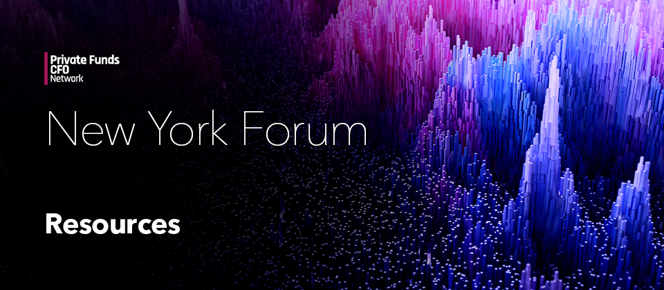 Text: Private Funds CFO Network, New York Forum, Resources, over an abstract purple and blue bar graph background.