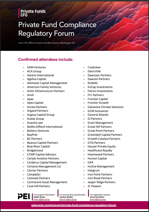 Flyer for the Private Fund Compliance Regulatory Forum, listing event details and numerous confirmed attendees.
