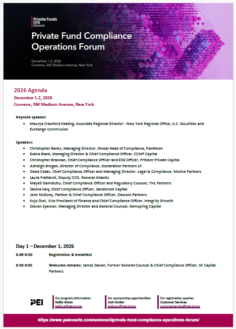 Promotional image for the Private Fund Compliance Operations Forum, detailing topics like compliance, operations, roundtables, technology demos, and data presentations.