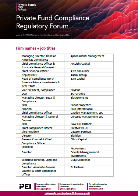 Flyer for the Private Fund Compliance Regulatory Forum, listing event details and numerous confirmed attendees.