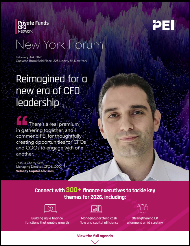 "Private Funds CFO Network New York Forum 2026" event agenda with abstract 3D background.