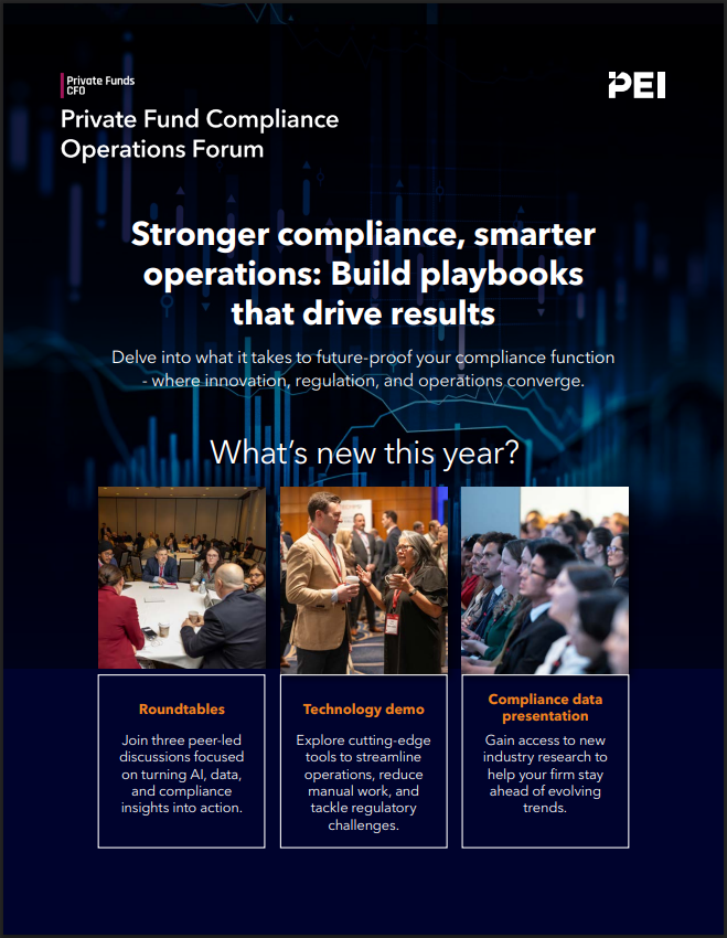 Promotional image for the Private Fund Compliance Operations Forum, detailing topics like compliance, operations, roundtables, technology demos, and data presentations.
