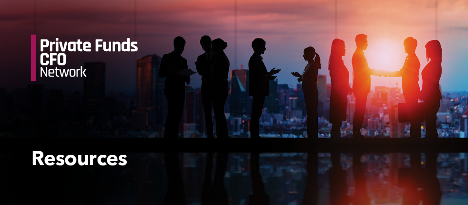 Silhouettes of business professionals networking against a city skyline at sunset, with text "Private Funds CFO Network" and "Resources".
