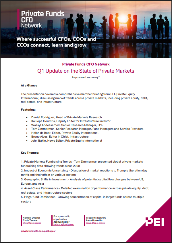 Promotional flyer for the Private Funds CFO Network, featuring business professionals and a city skyline, announcing their Q1 Update on the State of Private Markets.