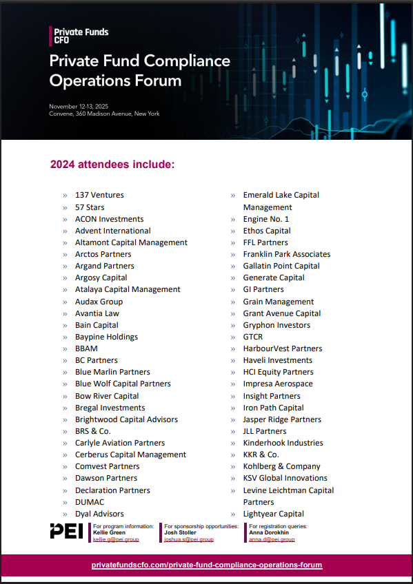 Attendee list for the Private Fund Compliance Operations Forum, November 12-13, 2025, in New York.
