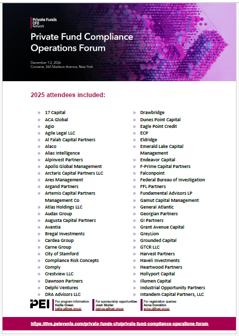 Attendee list for the Private Fund Compliance Operations Forum, November 12-13, 2025, in New York.