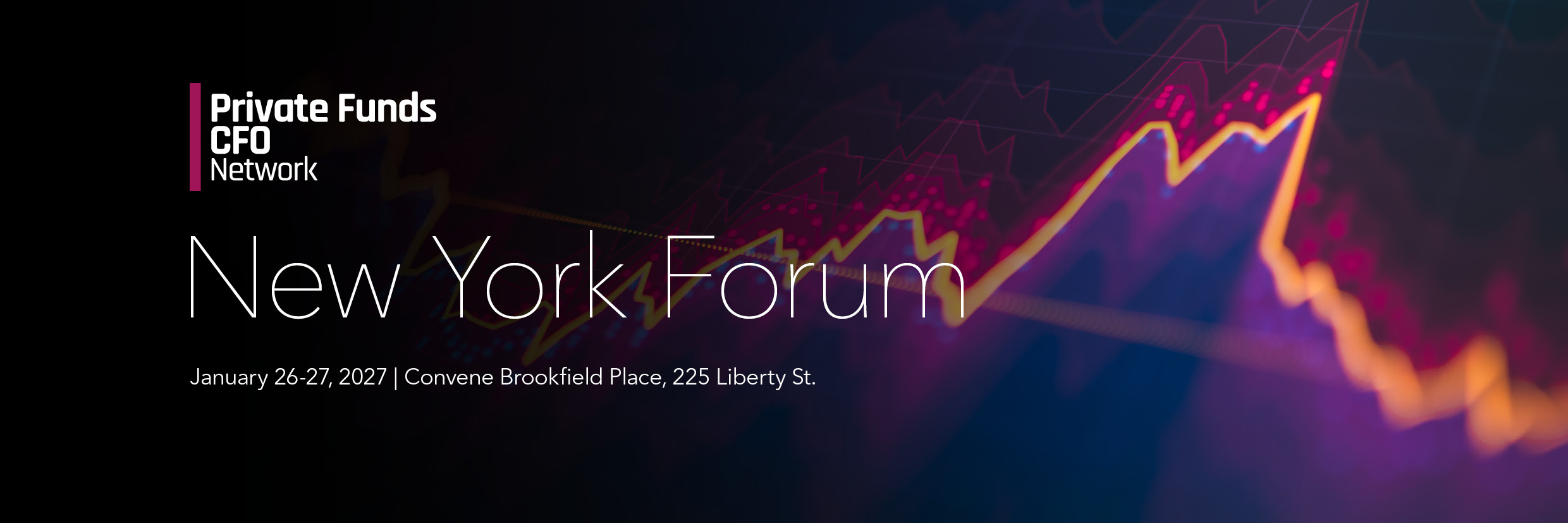 "Private Funds CFO Network New York Forum" title with abstract purple and blue background."