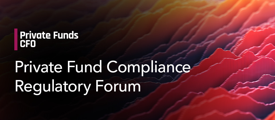 "Private Funds CFO Network New York Forum" title with abstract purple and blue background."