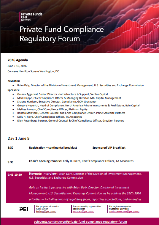Agenda for the 2025 Private Fund Compliance Regulatory Forum, listing keynote speakers and a detailed lineup of presenters.