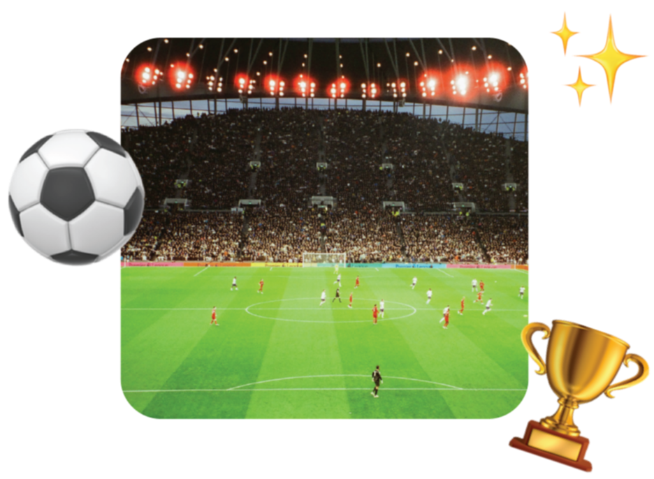 A vibrant football match in a packed stadium under bright lights, with a soccer ball, golden trophy, and sparkles emojis.