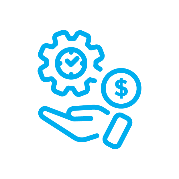 Icon of a hand holding a gear with a checkmark and a dollar coin, representing efficient processes and cost savings.