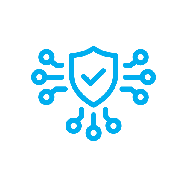 A blue icon depicting a shield with a checkmark, surrounded by interconnected circuit board elements, symbolizing digital security.