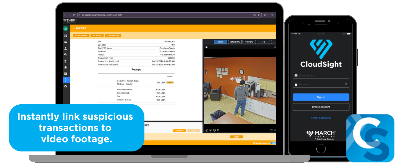 A laptop displaying a receipt and corresponding video footage of a transaction, alongside a smartphone showing the CloudSight app login screen, with text "Instantly link suspicious transactions to video footage."