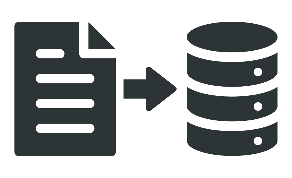 Icon showing a document or file being transferred to a database.