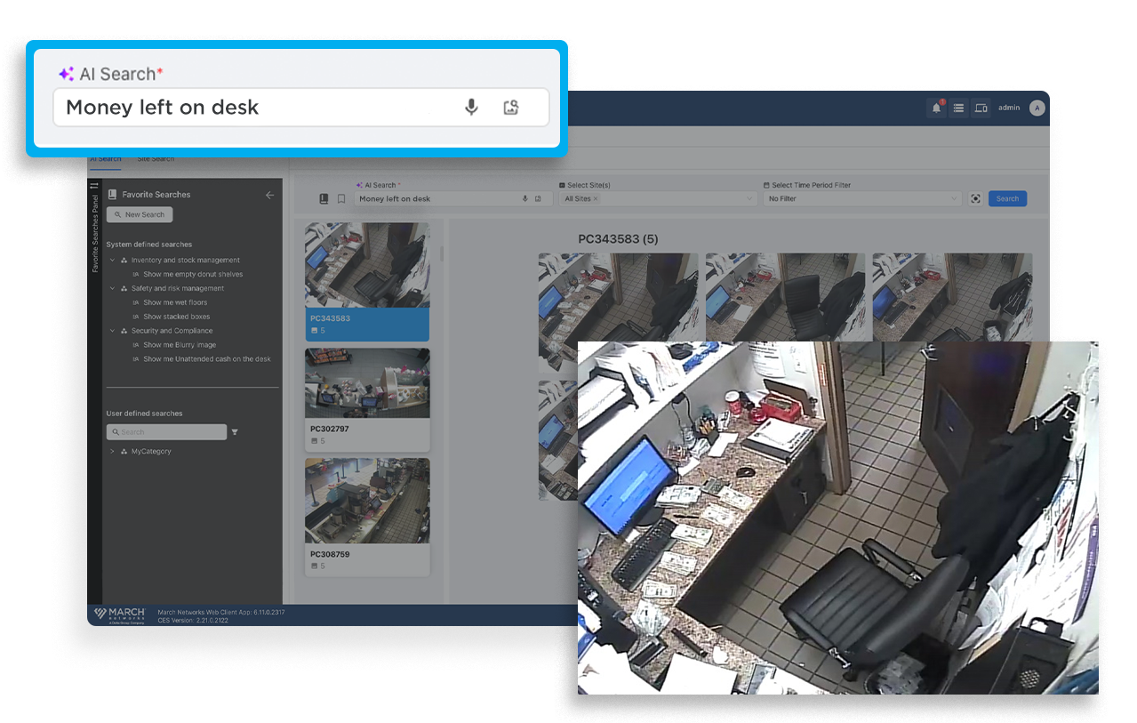 Interface for a surveillance system with an 'AI Smart Search' feature, displaying a camera feed of an office desk with a large amount of money clearly visible and highlighted.