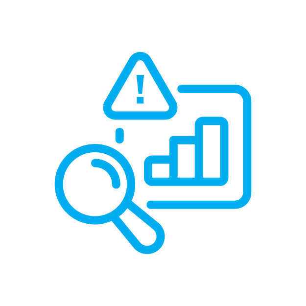 Icon showing a magnifying glass examining a bar chart with a warning sign, representing data analysis for issues.