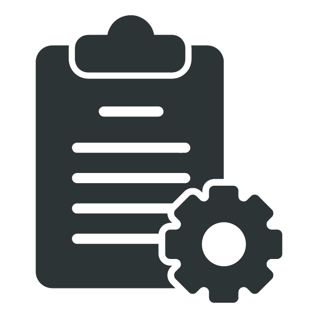 A monochrome icon showing a clipboard and a gear, representing customizable options or system settings.