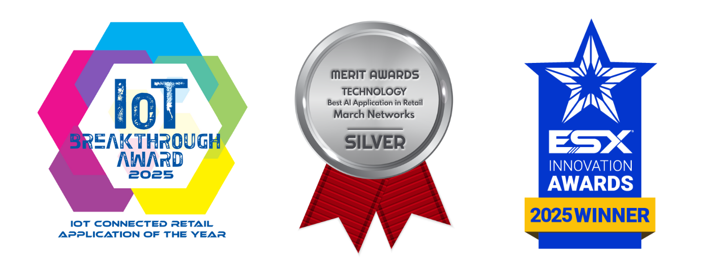 Image showing recognition with the IoT Breakthrough Award 2025, a silver Merit Award for AI in retail, and the ESX Innovation Awards 2025 Winner.