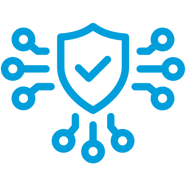 A blue icon depicting a shield with a checkmark, surrounded by interconnected circuit board elements, symbolizing digital security.