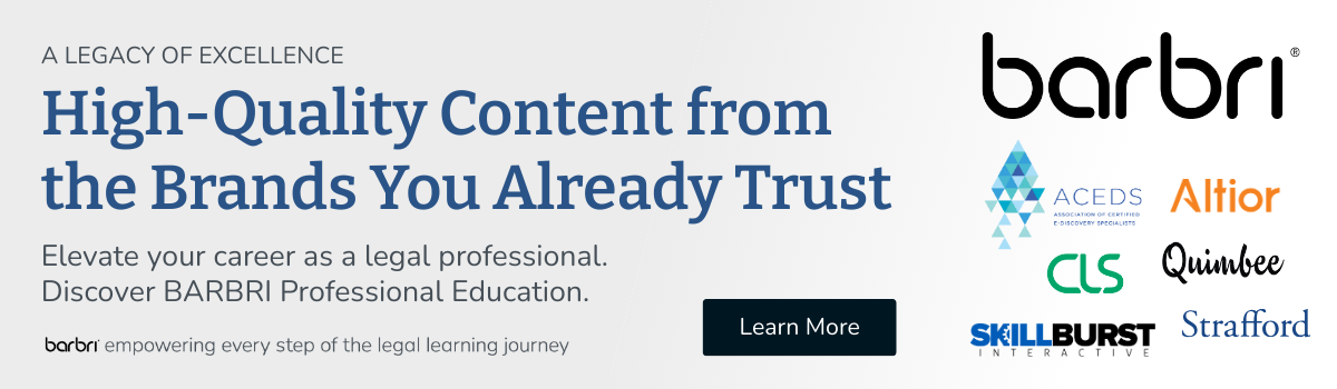 Text reads: "High-Quality Content from the Brands You Already Trust" by BARBRI, empowering legal learning, surrounded by partner logos.