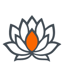 A minimalist icon of a lotus flower, colored grey with an orange oval at its core.