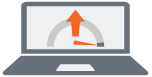 A laptop with a speedometer showing high performance, indicated by an upward orange arrow.